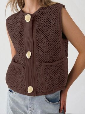 VIGOSS CHUNKY CROCHET KNIT VEST CHOCOLATE BROWN WITH GOLD BUTTON